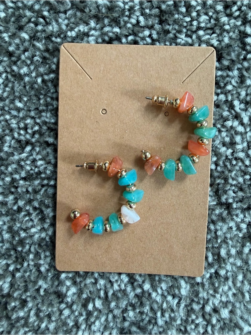 Gold Hoop Earrings with Turquoise, Coral & Cream Beads